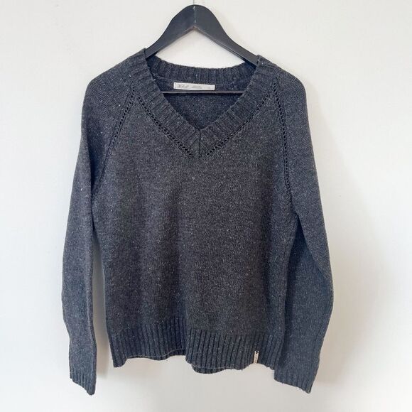 Woolrich Grey Wool Blend Speckled Knit Crochet Detail Vneck Sweater - Picture 1 of 9